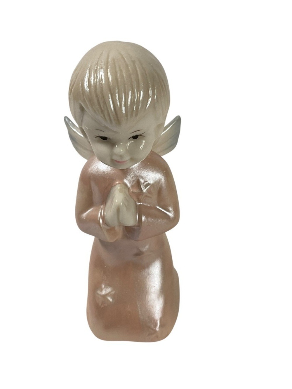 Vintage Praying Angel Figurine Pink Lusterware Porcelain Kneeling Angel 4”
